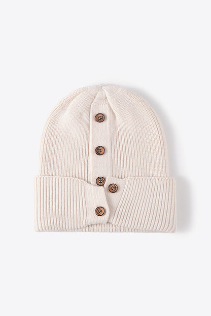 Button Detail Rib-Knit Cuff Beanie | Curated