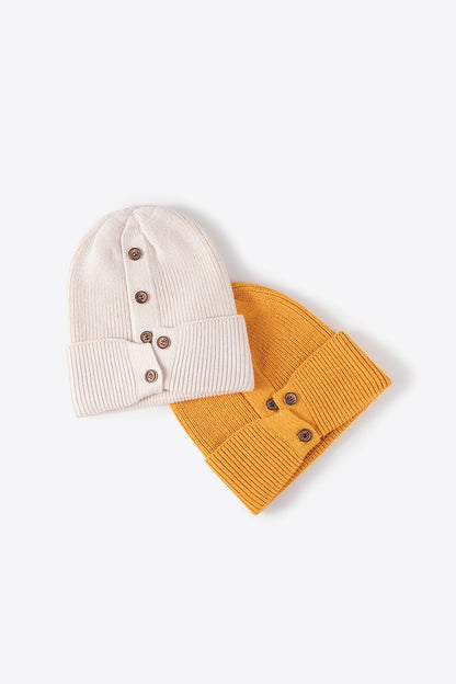 Button Detail Rib-Knit Cuff Beanie | Curated