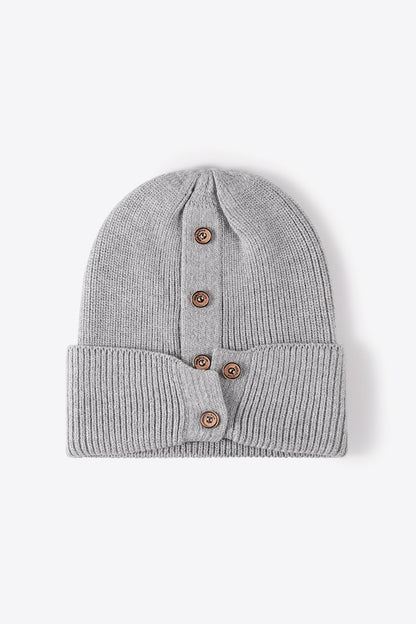 Button Detail Rib-Knit Cuff Beanie | Curated