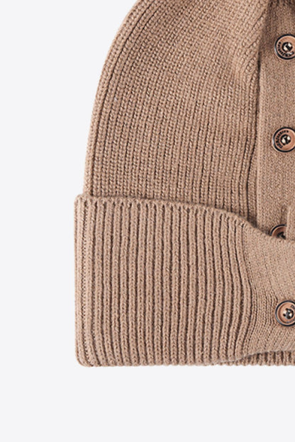 Button Detail Rib-Knit Cuff Beanie | Curated