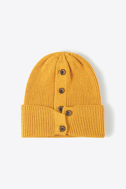 Button Detail Rib-Knit Cuff Beanie | Curated