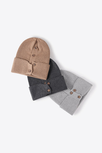 Button Detail Rib-Knit Cuff Beanie | Curated