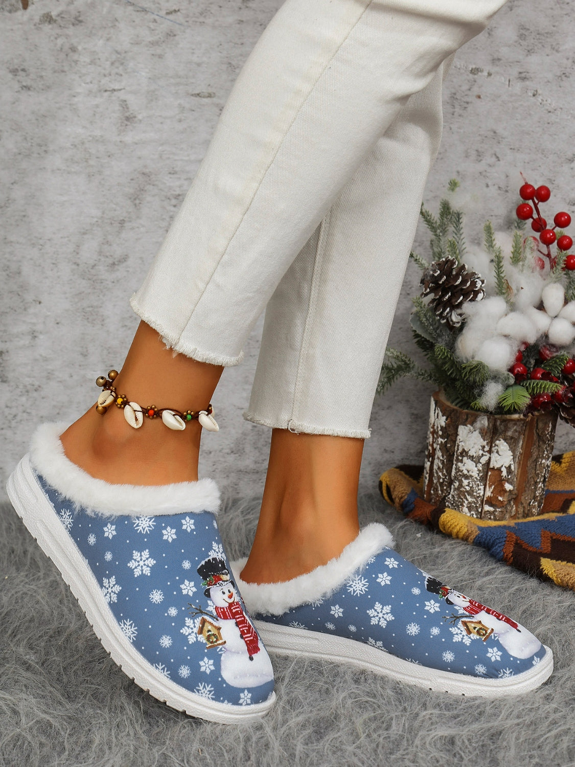 Snowman Flat Slippers | Faux Fur | Curated