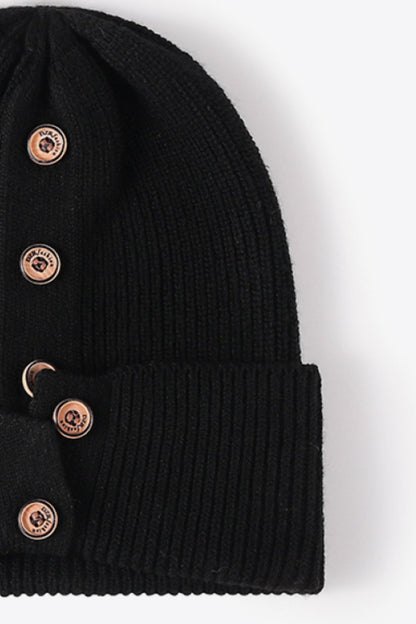 Button Detail Rib-Knit Cuff Beanie | Curated