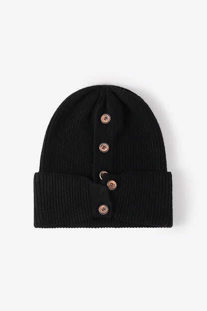 Button Detail Rib-Knit Cuff Beanie | Curated