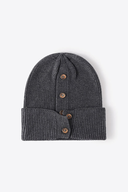 Button Detail Rib-Knit Cuff Beanie | Curated