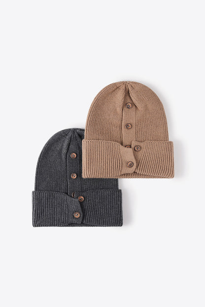 Button Detail Rib-Knit Cuff Beanie | Curated