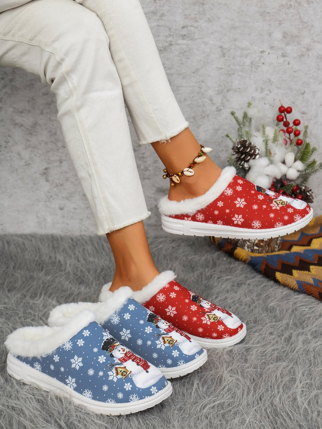 Snowman Flat Slippers | Faux Fur | Curated