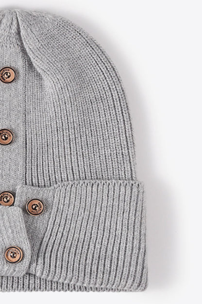 Button Detail Rib-Knit Cuff Beanie | Curated