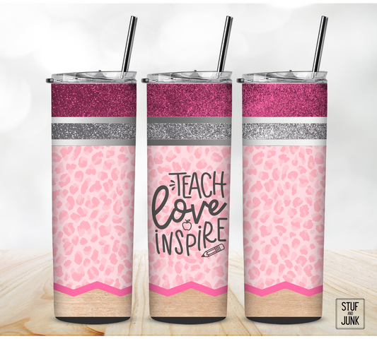 Teach, Love, Inspire | Pink Leopard Pencil Tumbler | 20 oz. Skinny Stainless Steel